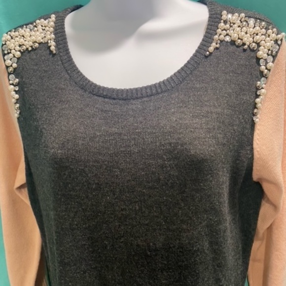 Grey and Pink Sweater Dress with Pearls and Rhinestone Accents - Picture 9 of 16
